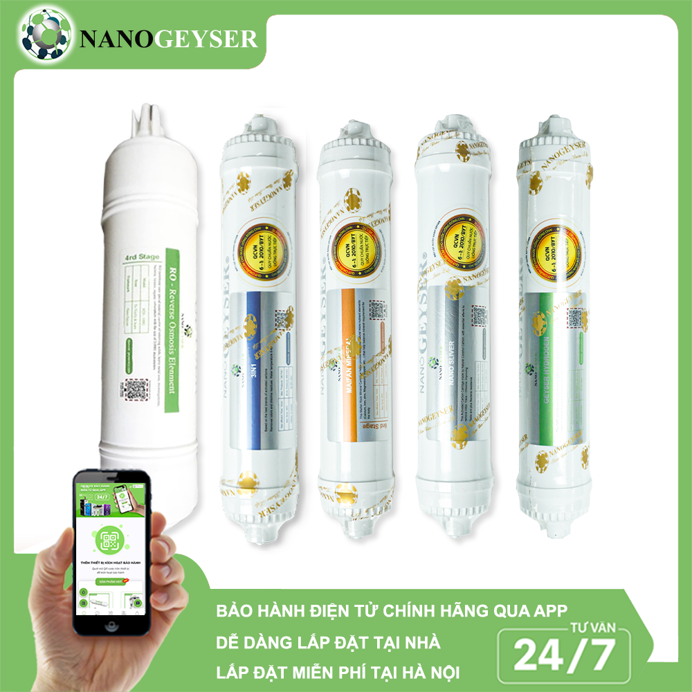 Bộ 5 lõi Màng Ro đúc, 3IN1 Small, Maifan, Nano Silver, Hydrogen (tặng 1 cut T, cut, dây, kẹp)