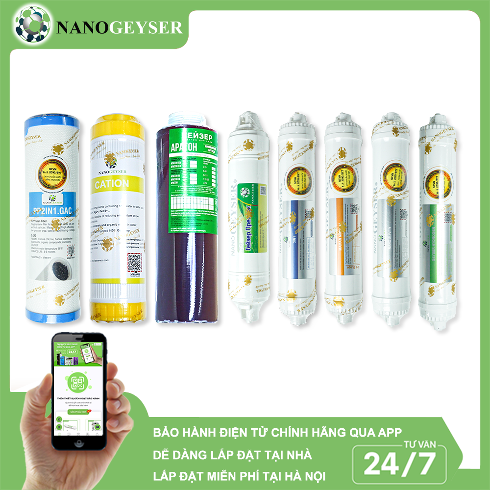 Bộ 8 lõi PP.2IN1.GAC, Cation, Aragon, T33 to, 3IN1, Maifan, Nano Silver, Hydrogen (tặng gioăng aragon, cut, dây, kẹp)