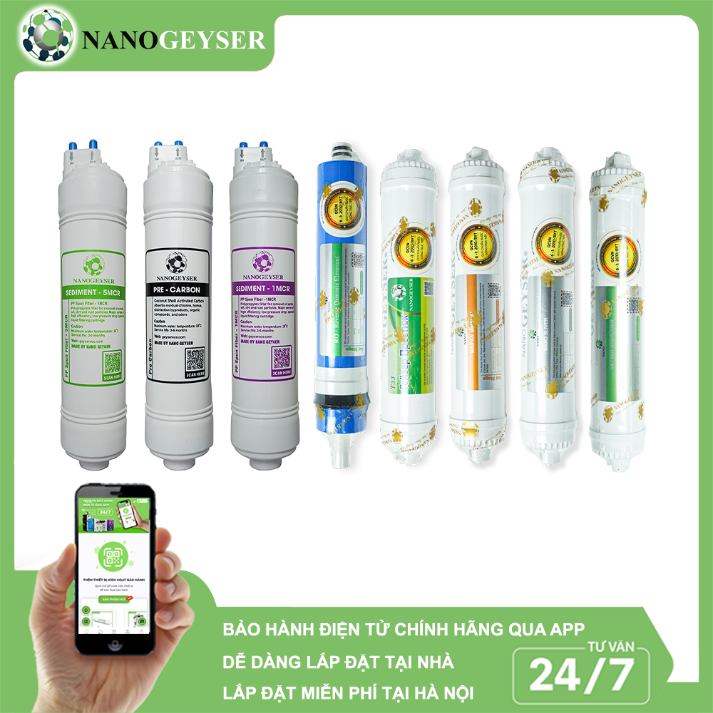 Bộ 8 lõi Sediment 5MCR, Pre Carbon, Sediment 1MCR, Màng Ro Đúc, T33 Small, Maifan, Nano Silver, Hydrogen (tặng 1 cut T, cut, dây, kẹp)