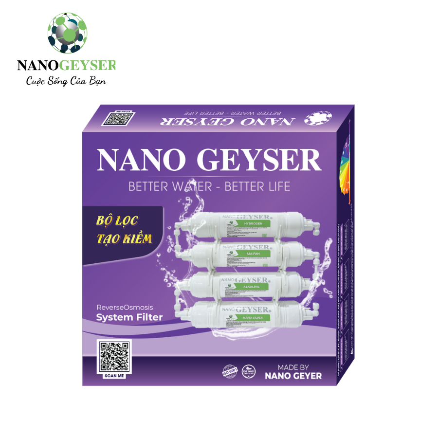 Combo bộ lõi lọc nước Nano Geyser nâng cấp kiềm - NEW 4 lõi có vỏ hộp